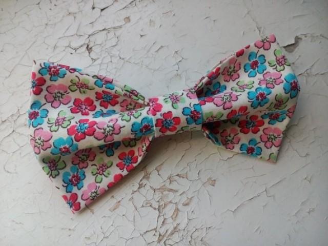 wedding photo - Ivory floral bow tie self tie wedding bowtie pink blue blossoms pattern groom's bowties groomsmen wedding party father of the bride tie hjif