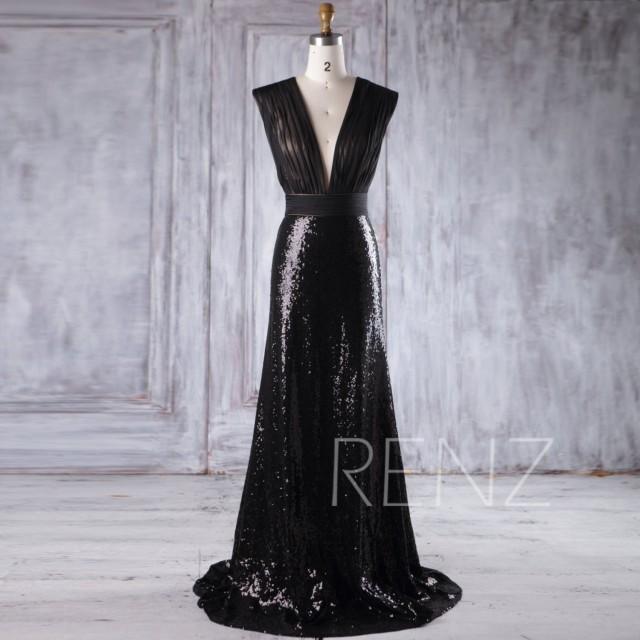 2016 Black Sequin Bridesmaid Dress, Deep V Neck Wedding Dress, V Back Prom Dress, Sexy Ball Gown, Evening Gown Full Length (HQ365)