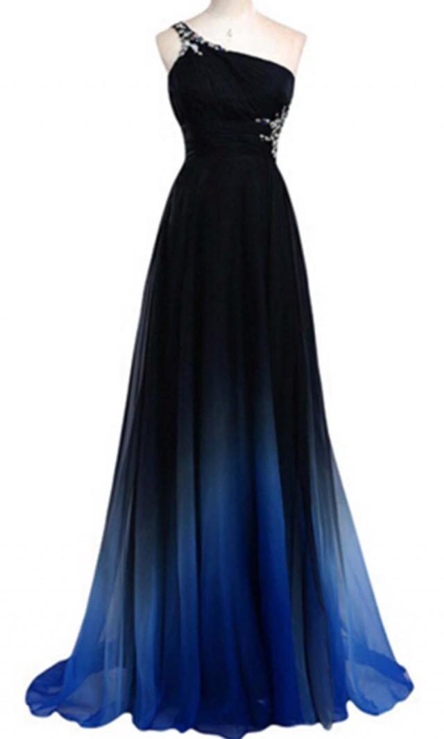 wedding photo - Blue Ombre One Shoulder Long Prom Dress KSP433