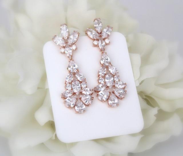 Rose Gold earrings, Long Bridal earrings, Wedding jewelry, Crystal earrings, Art Deco earrings, Wedding earrings, Chandelier earrings
