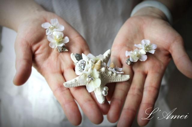 Handmade Starfish hair clip set for Beach Wedding,Rhinestone and Pearl Starfish Hair Clip