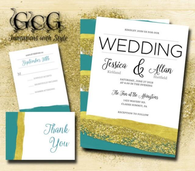 wedding photo - Printable Watercolor Wedding Invitation suite, watercolor wedding. Watercolour wedding invitation suite, Teal and Gold Brush strokes