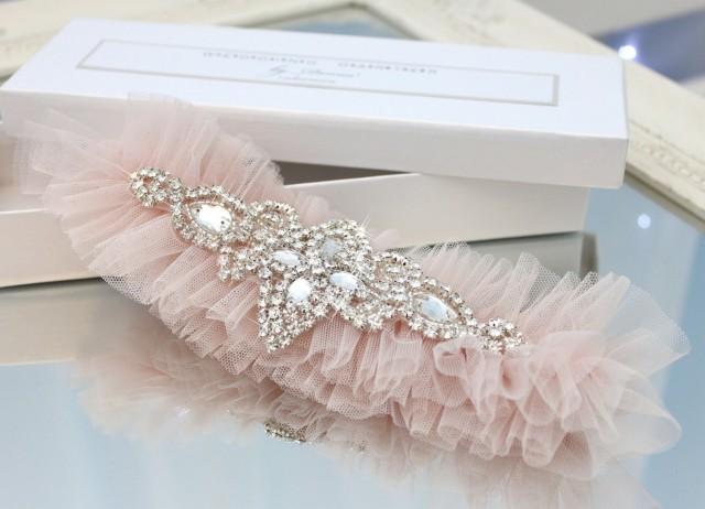 blush pink garter, blush wedding garter, blush tulle garter, bling garter, rhinestone garter, crystal garter, blush pink wedding, plus size
