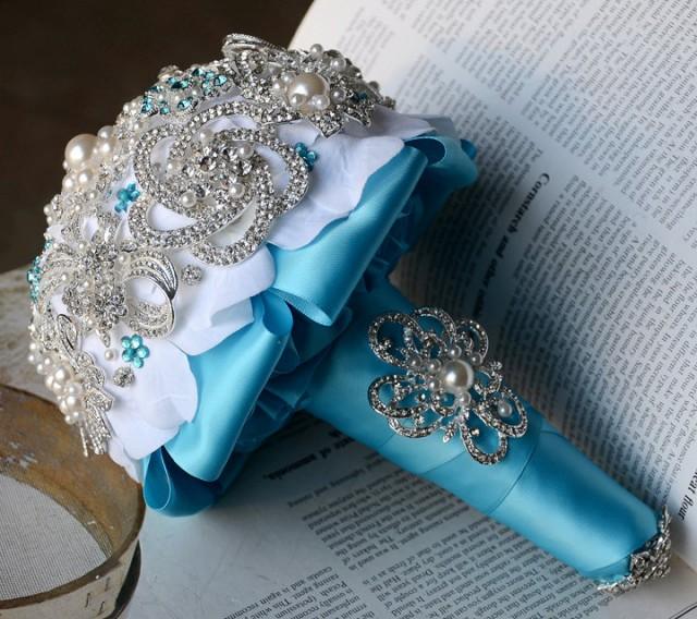 Vintage Bridal Brooch Bouquet - Pearl Rhinestone Crystal - Silver Teal Blue White -One Day RUSH ORDER Available - BB032LX