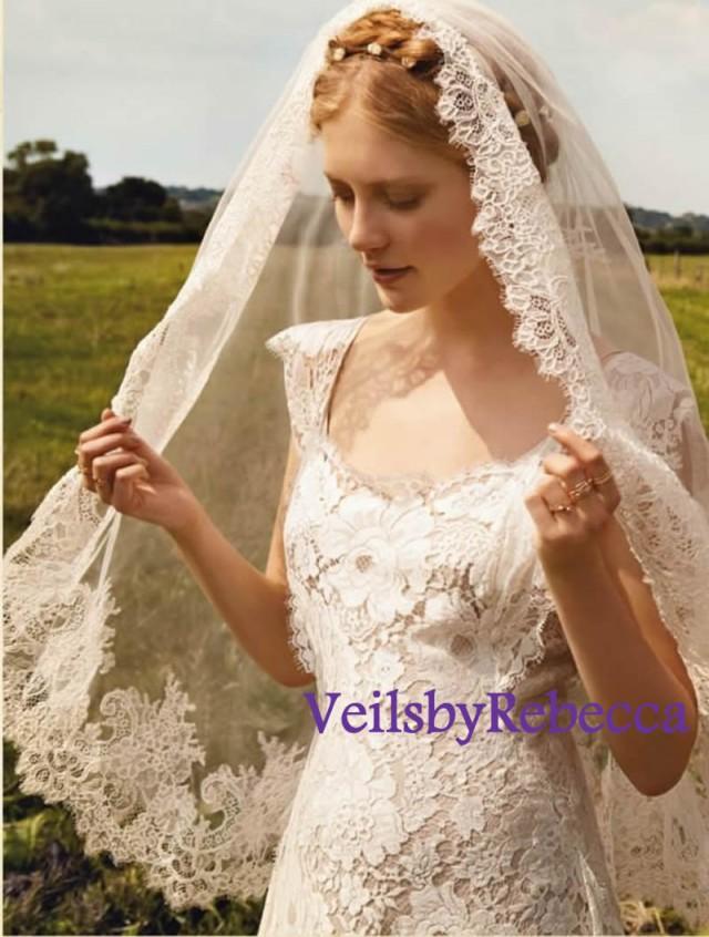 Ready to Ship Veil-1 tier mantilla veil,elbow length lace veil,wrist length lace veil,fingertip length lace veil,french chantailly lace veil