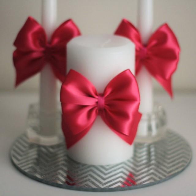Fuchsia Wedding Candles, White Pillar and Stick Wedding Candle with dark pink bow, Handmade Bow Unity Candle, Candles with Ribbon Bow