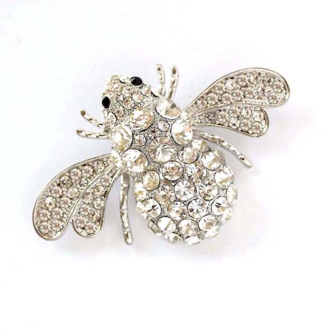 Bumble Bee Brooch, Large Crystal Silver Bee Broach Pin, Rhinestone Insect Brooch, Bumble Bee DIY Jewelry, Clutch Broach, Bouquet Brooches