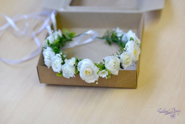 wedding photo - Spring wedding flower crown white floral head wreath white green floral crown pearl bridal halo wedding crown roses hair