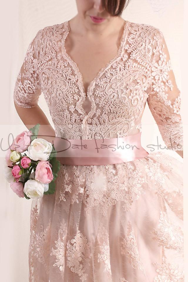 wedding photo - Plus Size Lace short/ blush pink wedding party / lace dress with sleeves Bridal Gown
