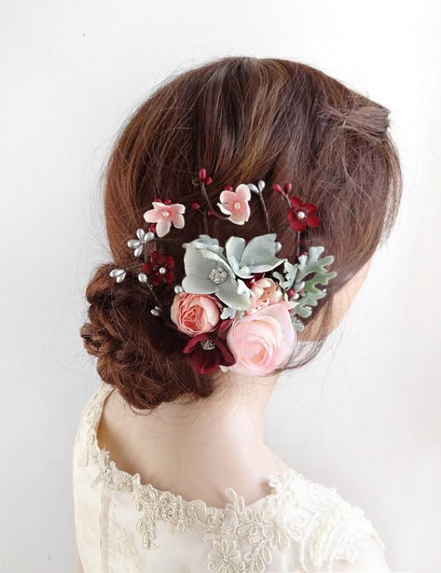 bridal hair accessories, burgundy wedding hair clip, bridal hair piece, pink flower, floral headpiece, bridal headpiece, bridal hair comb