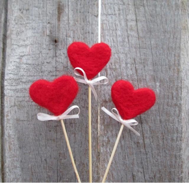 Red Hearts Felted Hearts on sticks Rustic Heart Cake Topper Red sweetheart Rustic Nature inspired  Autumn Home Decor Fairy folk Gift idea