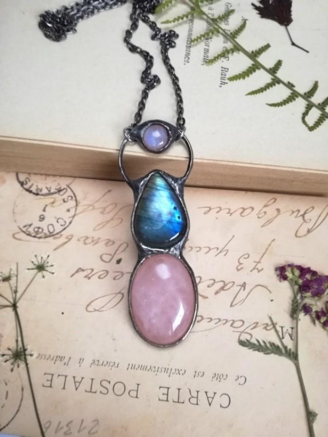 Moonstone Labradorite Necklace, Rose Quartz Necklace,Angel retro pendant,glow necklace,statement necklace,amulet,boho bridal necklace