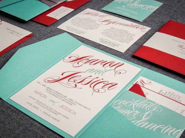 Aqua and Red Invitations, Modern Invites, Pocketfold Invitation, Turquoise and Red - &quot;Sweeping Script&quot; Pocketfold, No Layers, v3 - SAMPLE