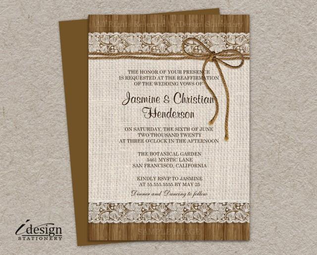 DIY Printable Rustic Vow Renewal Invitations With Burlap And Lace On Brown Barn Wood With Twine, Elegant Vow Reaffirmation Invites