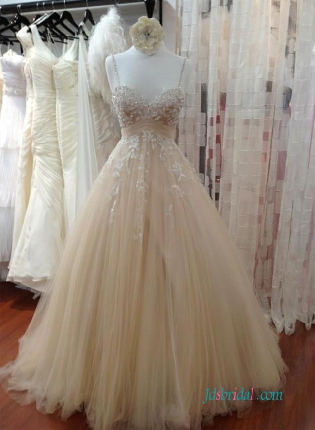 wedding photo - Champagne Beading thin straps tulle ball gown wedding dress