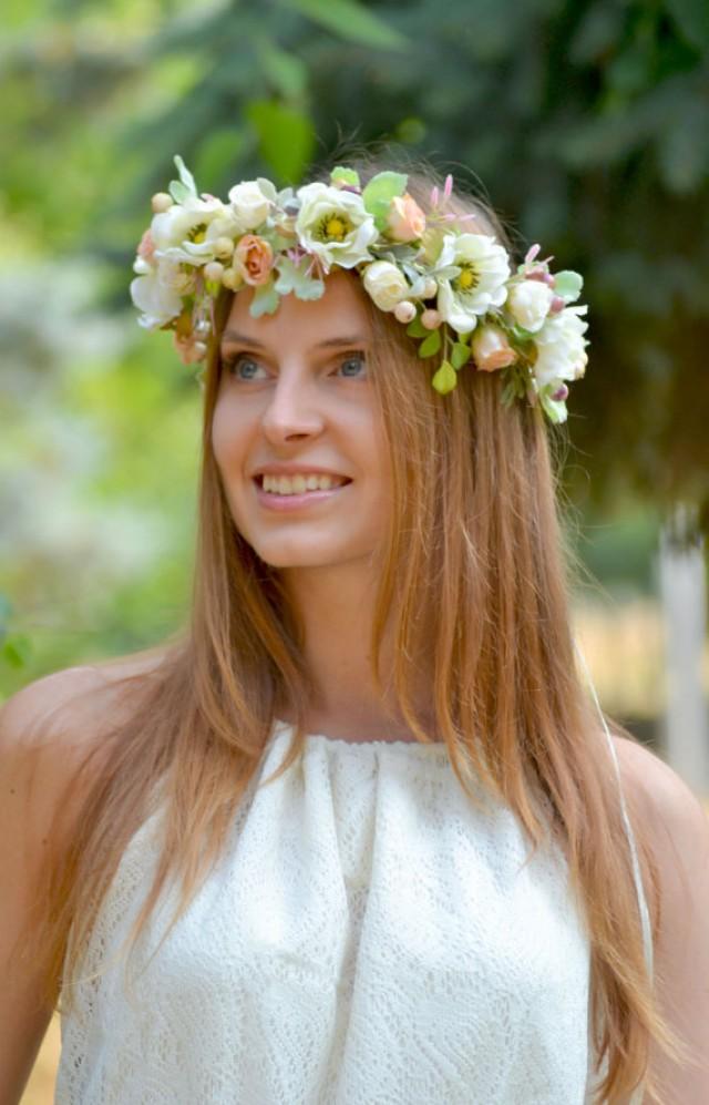 wedding photo - Floral crown Bridal flower crown Anemone wedding halo Bridal headband White peach rose crown Boho wedding flower crown Woodland bride