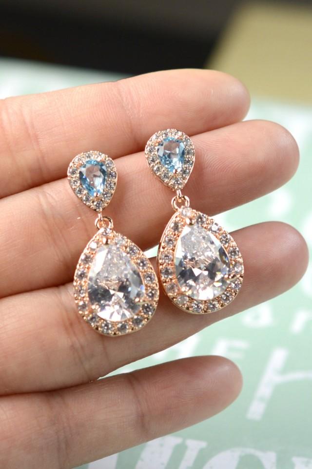 Aquamarine blue aqua ROSE GOLD Wedding Jewelry Bridesmaid Gift Bridesmaid Jewelry Bridal Jewelry earring Drop dangle Earring,bridesmaid gift