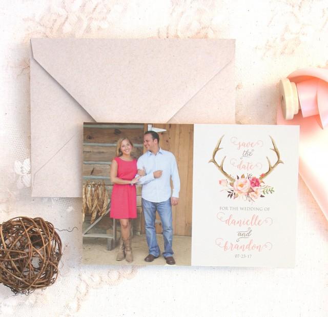 Floral Antler Photo Save the Date - Spring Wedding Save the Date - Rustic Wedding Save the Date - Blush Wedding Save the Date