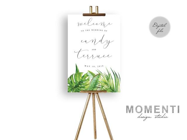 Tropical Wedding Welcome sign, palm beach wedding welcome sign printable, Elegant green reception sign printable, The Aura collection
