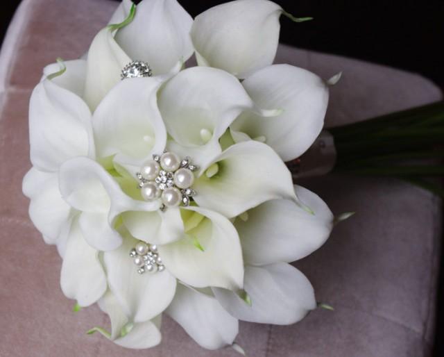 Wedding Brooch Bouquet Off White Natural Touch Calla Lilies Silk Bridal Jewel Flowers