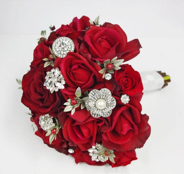 Christmas Red Silk Brooch Wedding Bouquet - Natural Touch Roses and Brooch Jewel Bride Bouquet - Rhinestones