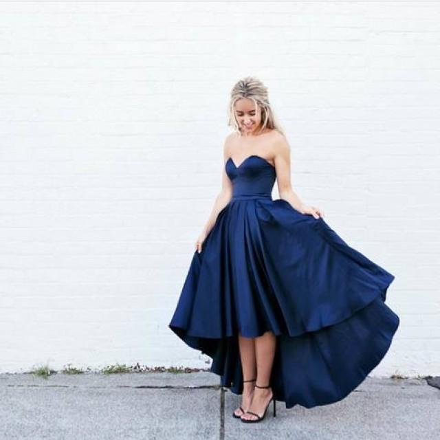wedding photo - Simple Sweetheart Sleeveless High-Low Navy Blue Prom Dress with Pleats from Tidetell