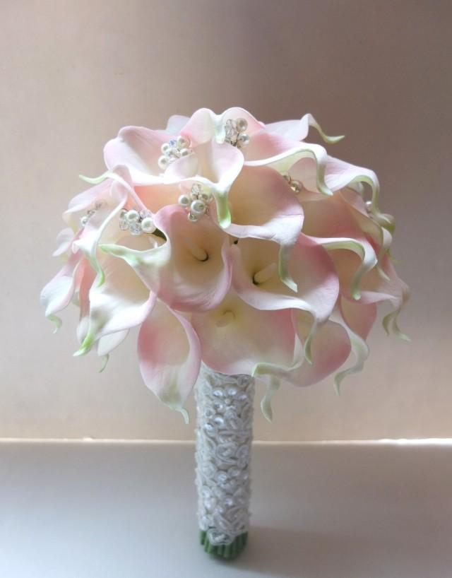 wedding photo - Blush Pink Calla Lily bouquet, accented with pearls & crystals, Bridal Bouquet, wedding bouquet