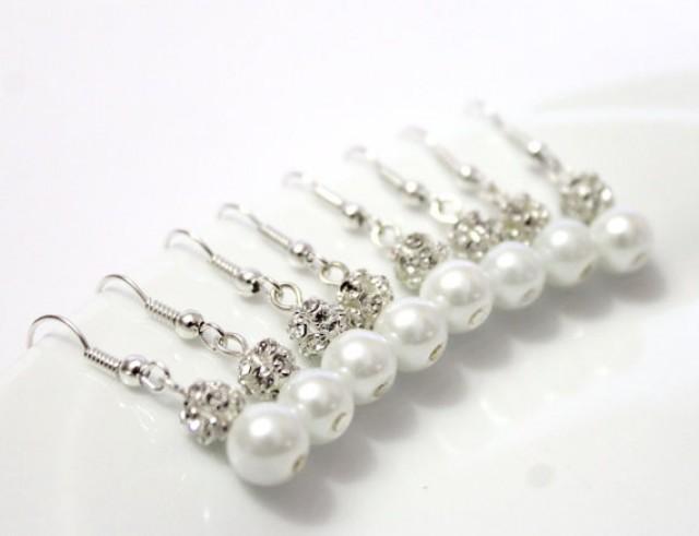 wedding photo - 5 Pairs White Pearls Earrings, Set of 5 Bridesmaid Earrings, Pearl Drop Earrings, Swarovski Pearl Earrings, Pearls in Sterling Silver, 8 mm