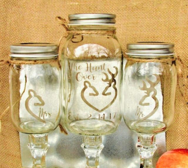 wedding photo - The Hunt is Over Unity Sand Set Buck & Doe Forming a Heart Deer Painted Mason Jars Redneck Wine Toasting Glasses Personalized Mr. Mrs.