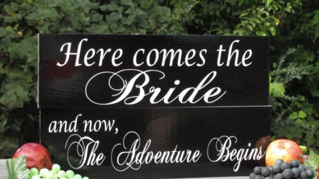 wedding photo - Double Sided Flower Girl Ring Bearer Painted Soild Wood Wedding Signs "and now, The Adventure Begins" "Once upon a time "   More