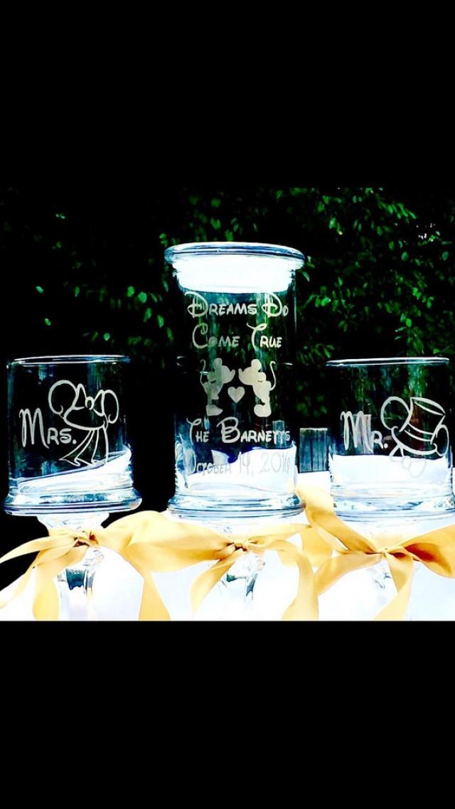 wedding photo - Unity Sand Set "Dreams do Come True" Personalized Mr. Mrs. Pedestal Apothecary Gold Painted Glass Ceremony Fairytale Wedding Choice Fonts