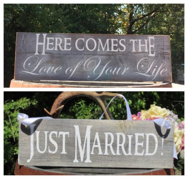 wedding photo - Rustic Distressed "Here comes the love of your life" "Just Married" Double Sided Ring Bearer Flower Girl Wedding Sign Prop Painted Wood