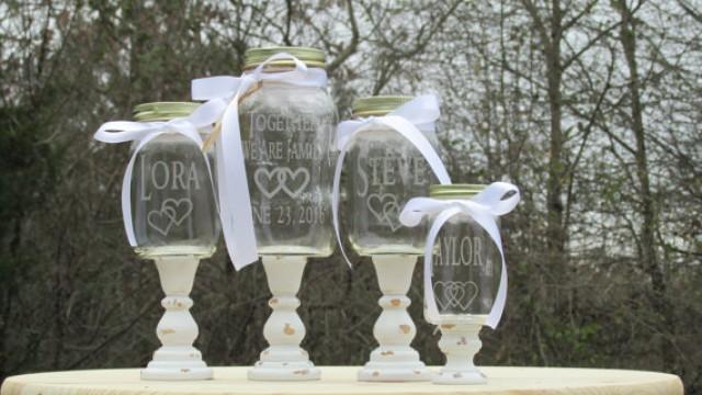 wedding photo - Shabby Chic Mason Jar 4 Piece Blended Family of 3 Unity Sand Set / Personalized Toasting Glasses Linked Hearts Wood Stands Choice of Fonts