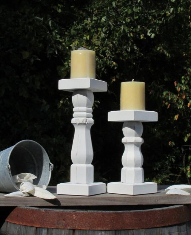 wedding photo - Wood Candle Holder Farmhouse Distressed Shabby Chic Candlestick Pillar Candle Stand Pair