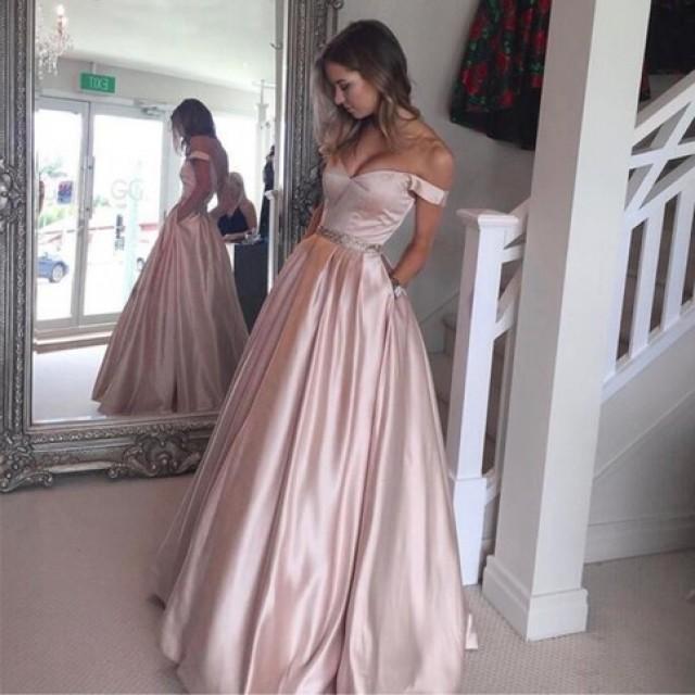 wedding photo - Pearl Pink Pockets Prom Dress - Off Shoulder Floor Length with Beading from Dressywomen