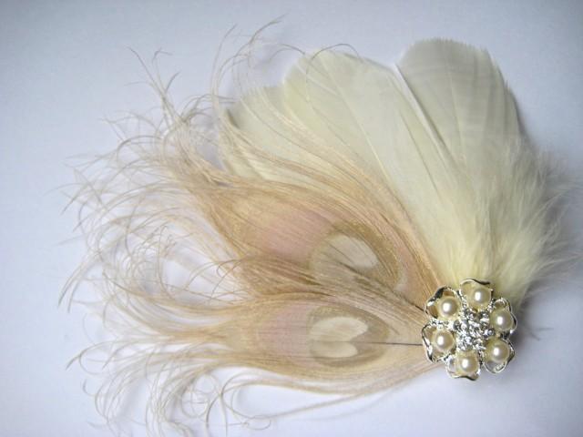 Wedding Bridal Ivory Champagne Peacock Feather Pearl Rhinestone Jewel Head Piece Hair Clip Fascinator Accessory