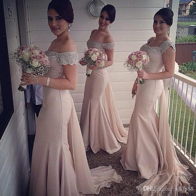 wedding photo - Glamorous Long Bridesmaids Dresses Pink Off the Shoulder Sexy Sequins Formal Prom Party Gowns Mermaid Crysatals Evening Gowns Lace New Online with $99.43/Piece on Hjklp88's Store 