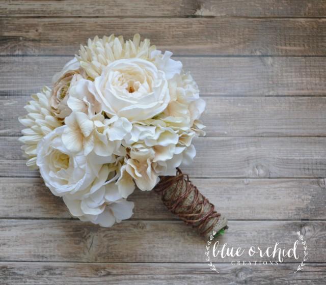 Cream and Beige Country Shabby Chic Wedding Bouquet Wrapped in Grapevine and Burlap