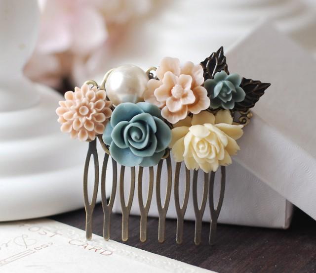 Wedding Bridal Flower Collage Hair Comb. Ivory Dusk Blue Rose, Pale Pink Flower, Pearl Flowers Hair Comb. Bridal Wedding headpiece