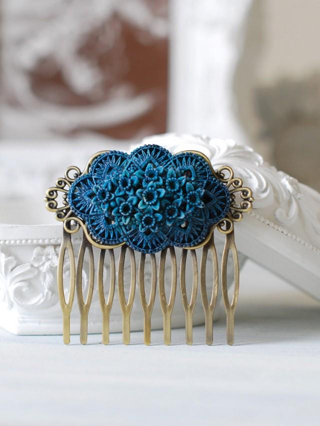 Blue Daffodil Rose Flower Hair Comb, Floral Bouquet Hair Comb, Vintage Blue Wedding Bridal Hair Comb, Shabby Chic, Goth, Gothic