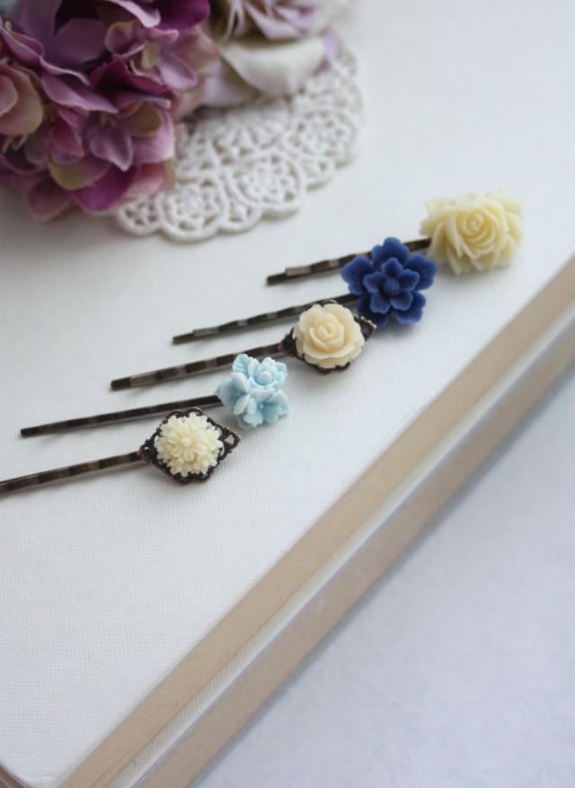 Blue Ivory Flower Hair Pin, Ivory Floral Wedding Hair Pin, Navy Blue Flower, Aqua Blue, Navy and Ivory, Something Blue, Set of Five (5) Pins