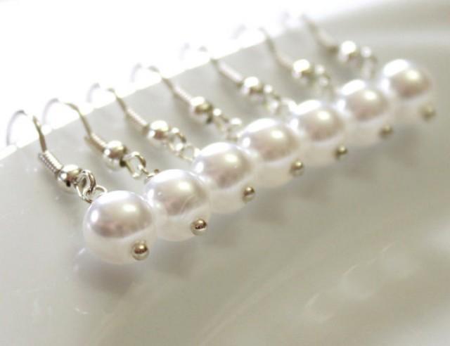 wedding photo - 6 Pairs Pearl Earrings, Set of 6 Bridesmaid Earrings, Pearl Drop Earrings, Swarovski Pearl Earrings, Pearls in Sterling Silver, 8 mm Pearls