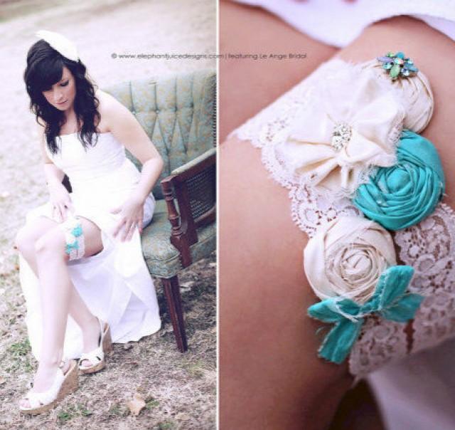 Wedding garter set, SILK, Aqua, Turqouise /Silk Wedding Garter, bridal garter / Something Blue wedding garter / vintage lace garter