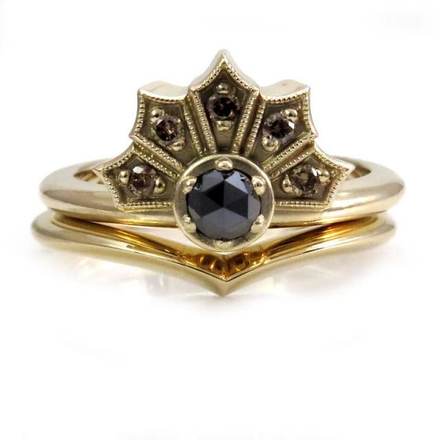 Rose Cut Black Diamond and Champagne Diamond Gothic Fan Engagement Ring - Yellow, White or Rose Gold