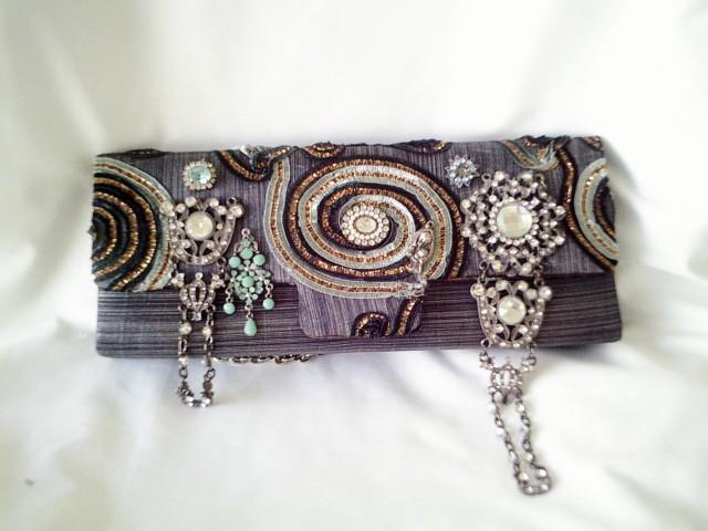 grey handmade bag, couture purse, gray beaded purse, grey steampunk purse, silver beaded clutch,