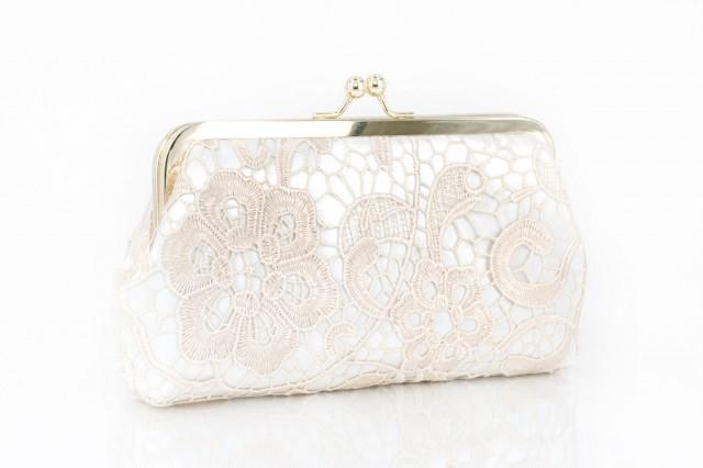 Bridal Champagne Lace Ivory Satin Clutch Gold Frame L&#39;HERITAGE 8-inch