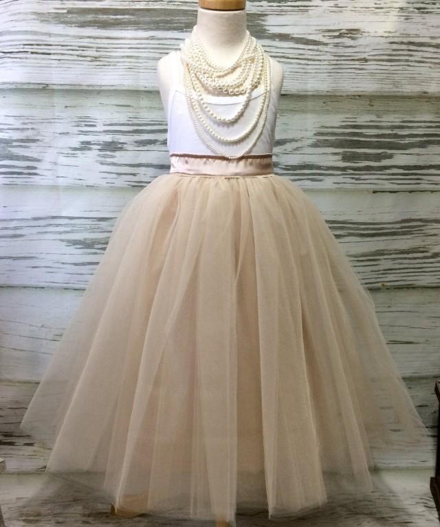 Free Shipping to USA Custom Made Girls Champagne  with Ivory Overlay  Floor Length Tulle Skirt -for Flower Girl,Rustic Wedding