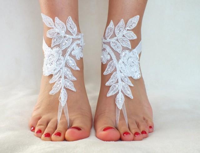 wedding photo - white lace barefoot sandals, FREE SHIP, beach wedding barefoot sandals, belly dance, lace shoes, bridesmaid gift, beach shoes