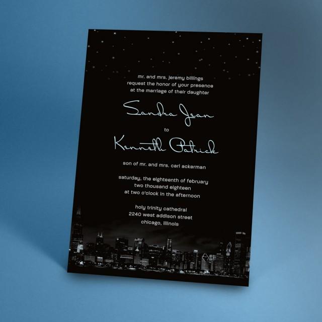 Chicago City Skyline Wedding Invitations with Night Stars, City Wedding, Urban Wedding You Choose the City and Color Accent