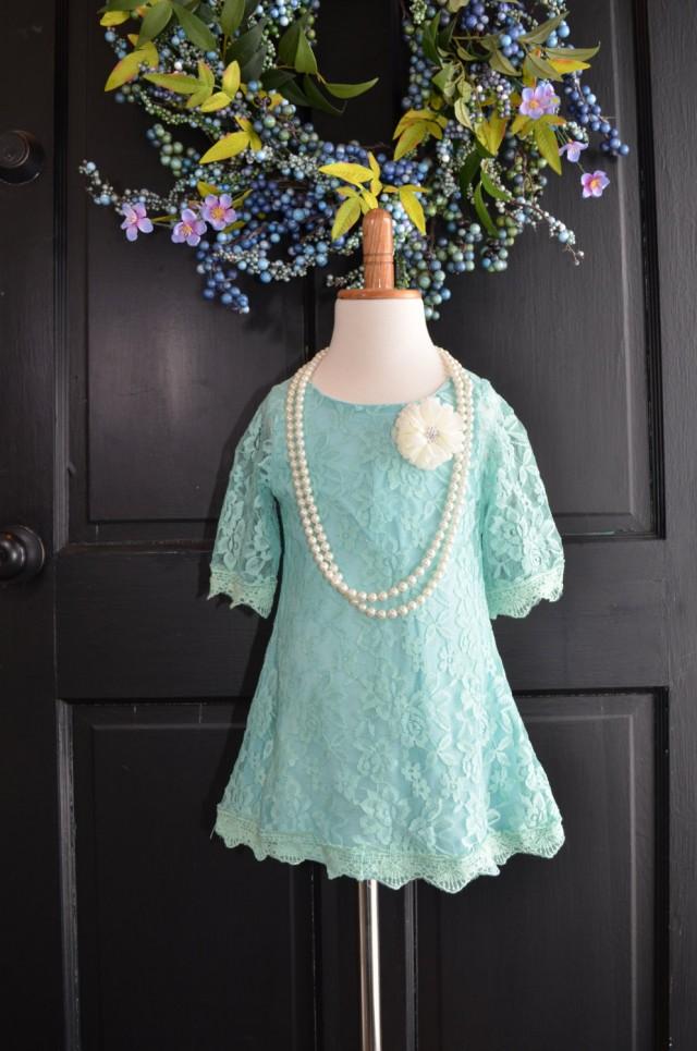 Aqua Turquoise Lace Flower Girl Dress, Spa Lace dress, junior bridesmaid dress, Vintage Style Dress, Beach Flower Girl dress